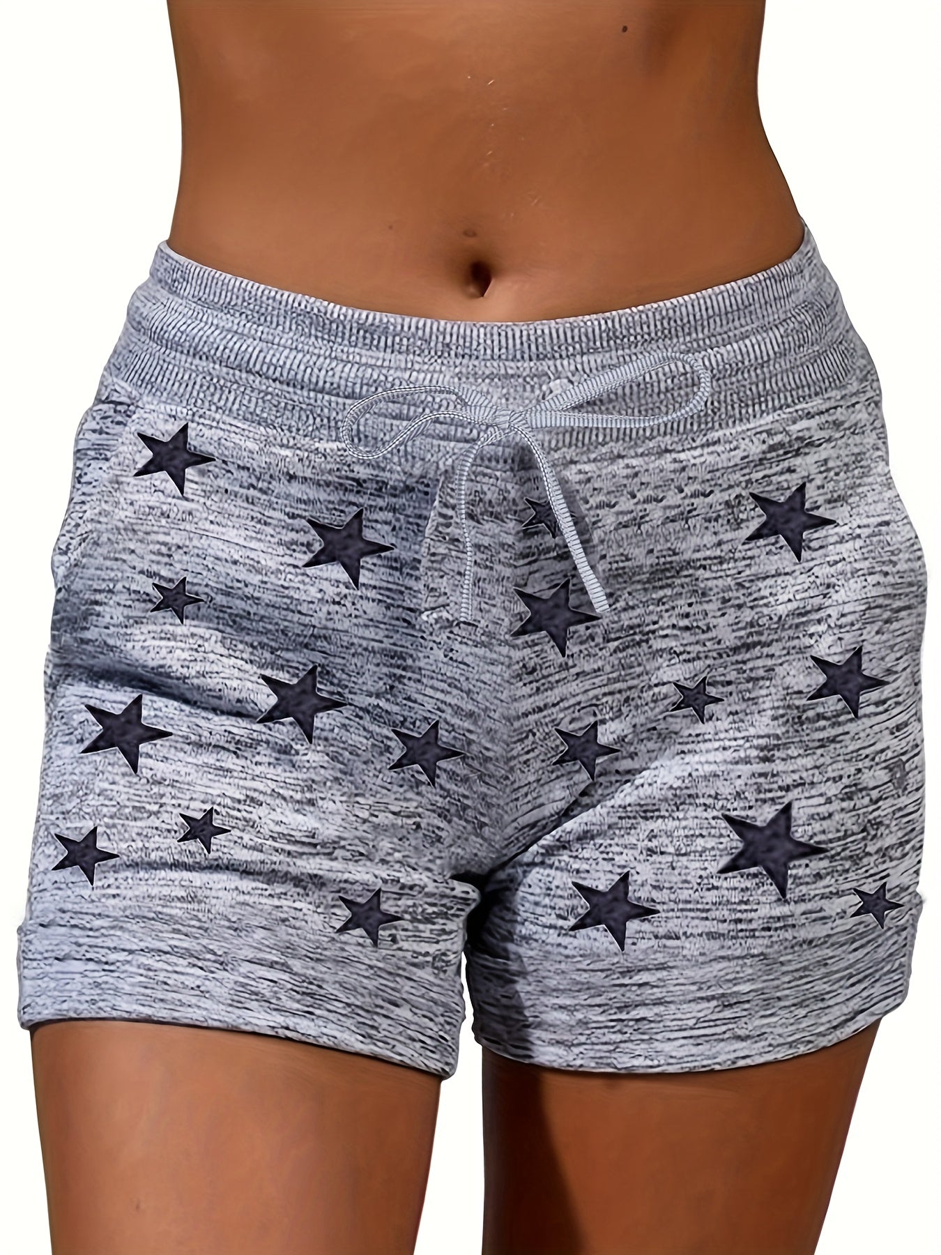 Plus Size Casual Leggings, Women's Plus Star Print Elastic Drawstring Medium Stretch Sports Shorts