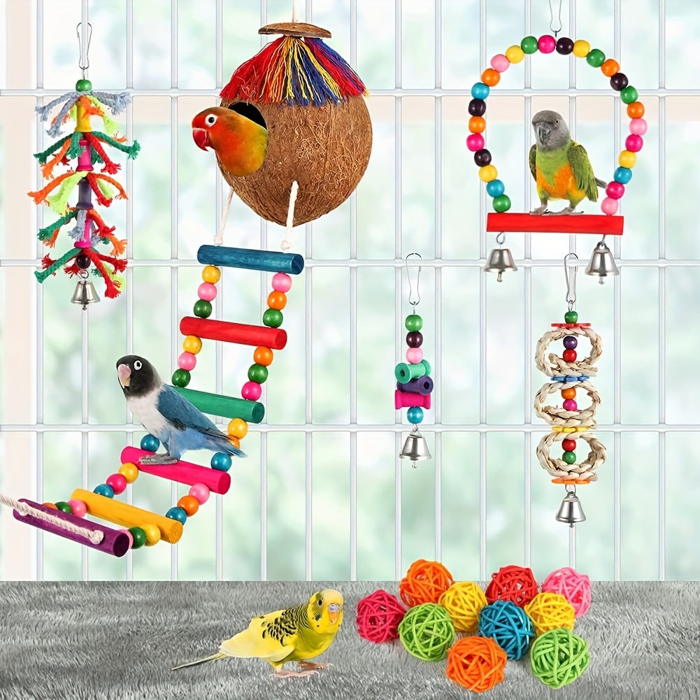 1/3/5pcs Random Bird Toys Bird Parakeet Swing Chewing Hanging Toys Climbing Ladder Coconut Bird Cage Toys Suitable for Cockatiels, Conures, Finches, Budgie, Love Birds