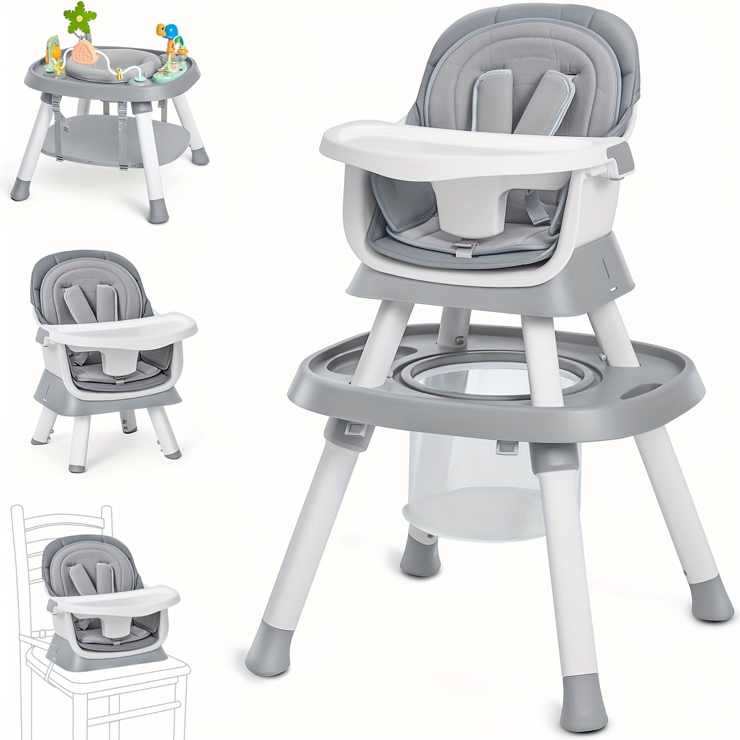 Baby High Chair, 15-In-1 Convertible Multifunctional Infant And Toddler High Chair With Activity Center, Tray And Toys(Grey)
