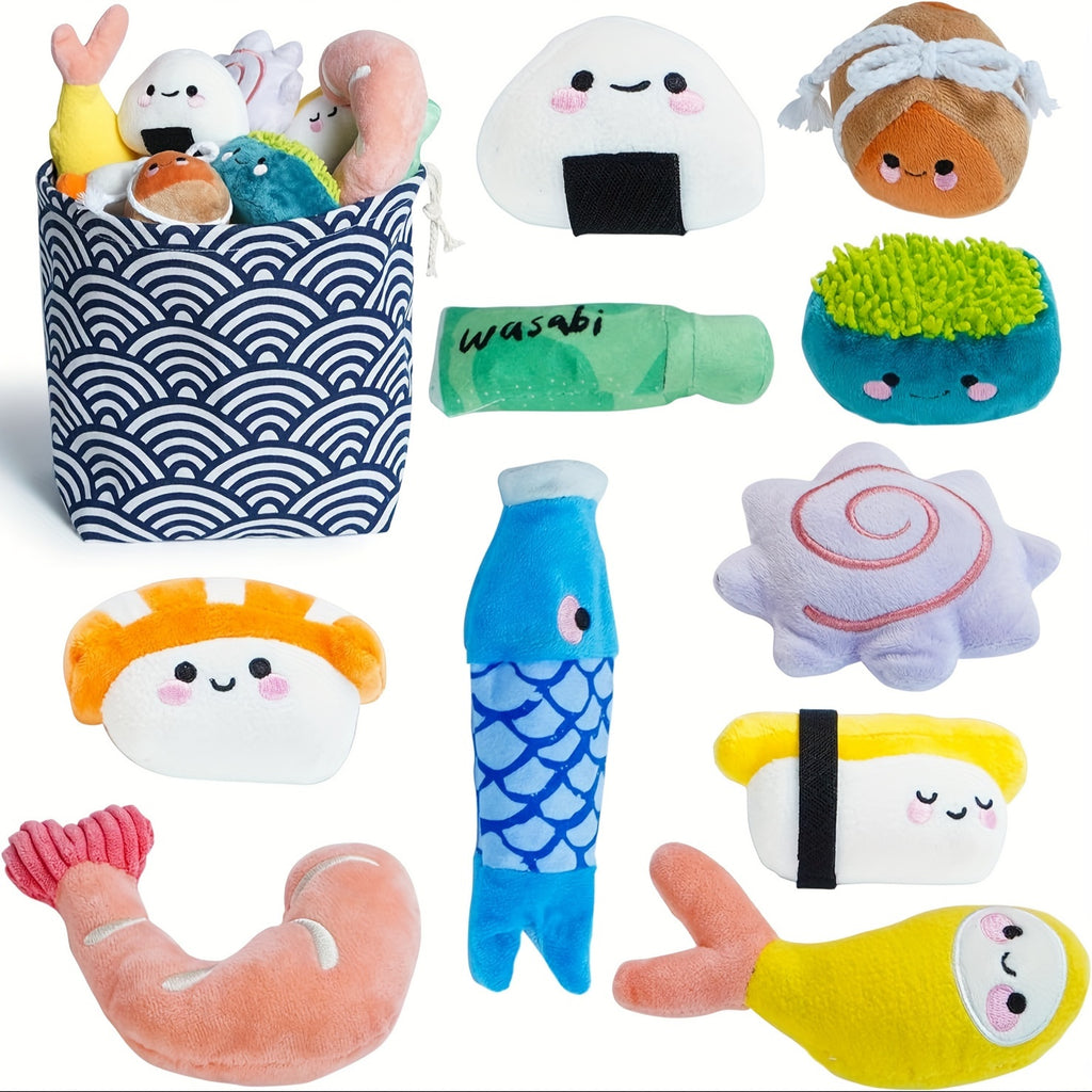 Nocciola 10 PCS Sushi Small Dog Toys to Keep Them Busy, Cute Stuffed PuppyToys with Bag, Puppy Chew Toys for Small to Medium Dog, Plush Dog Squeaky Toy Set, Doggie Birthday Gifts