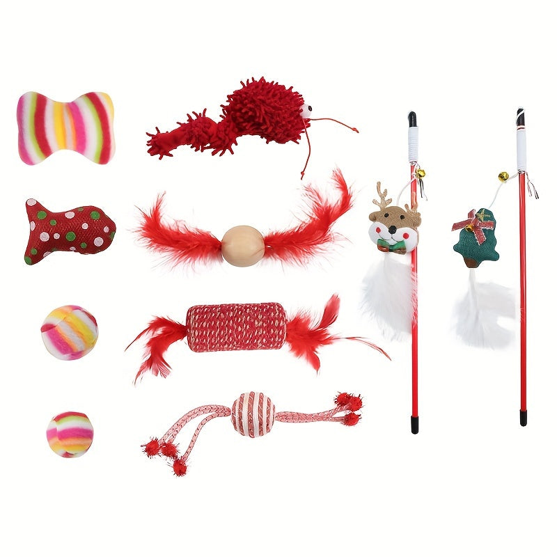 10 Pcs Xmas Cat Toy Set With Teaser Wand Mice Cat Balls And Bell Interactive Toys For Cats Indoor Supplies
