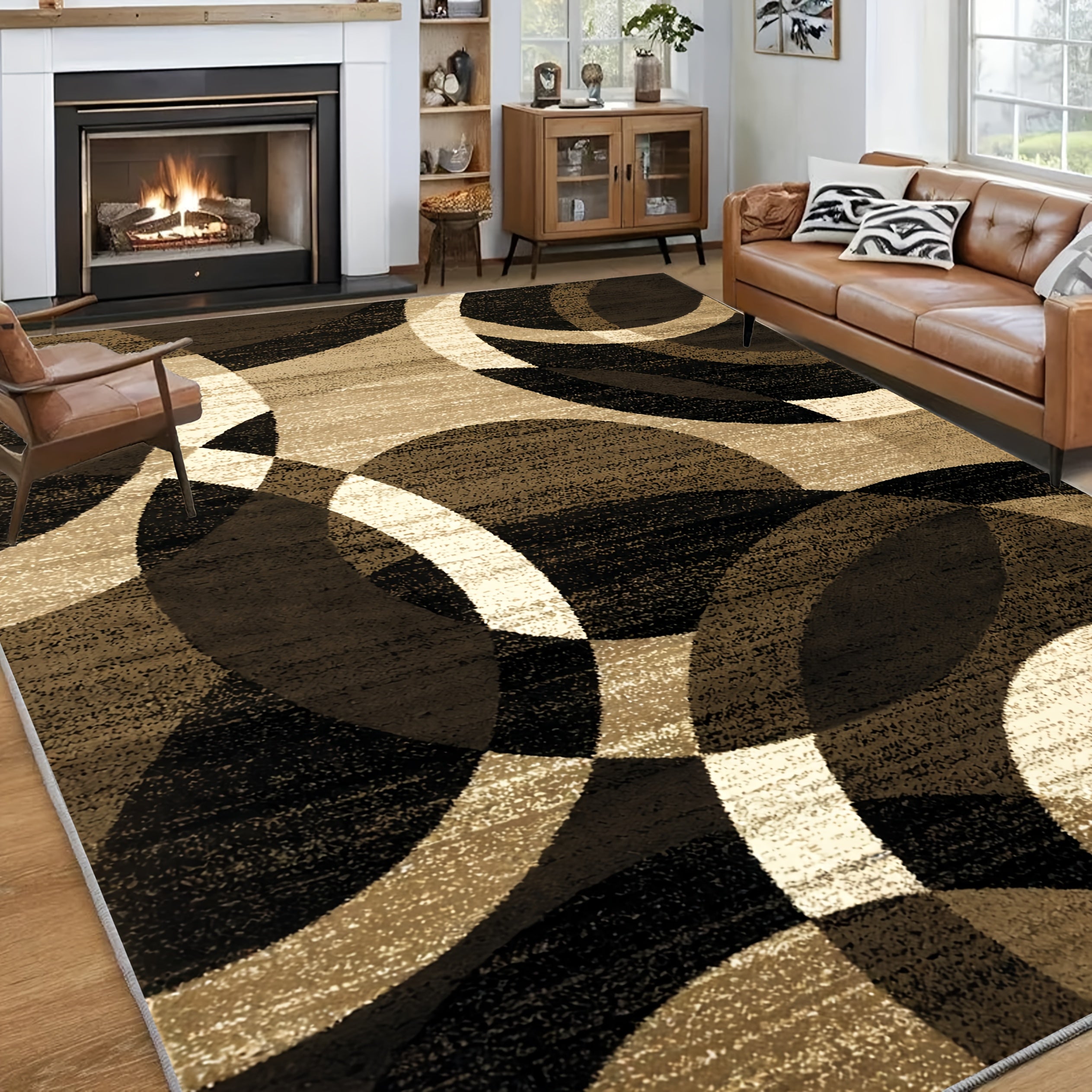 1pc Extra Large Luxury Mat - Black, Golden, Beige Modern Geometric Pattern Large Area Mat - Plush Soft Polyester Fiber Mat for Living Room, Bedroom, Kitchen - Machine Washable & Non-Slip Backing - Elegant Home Decor in Black,