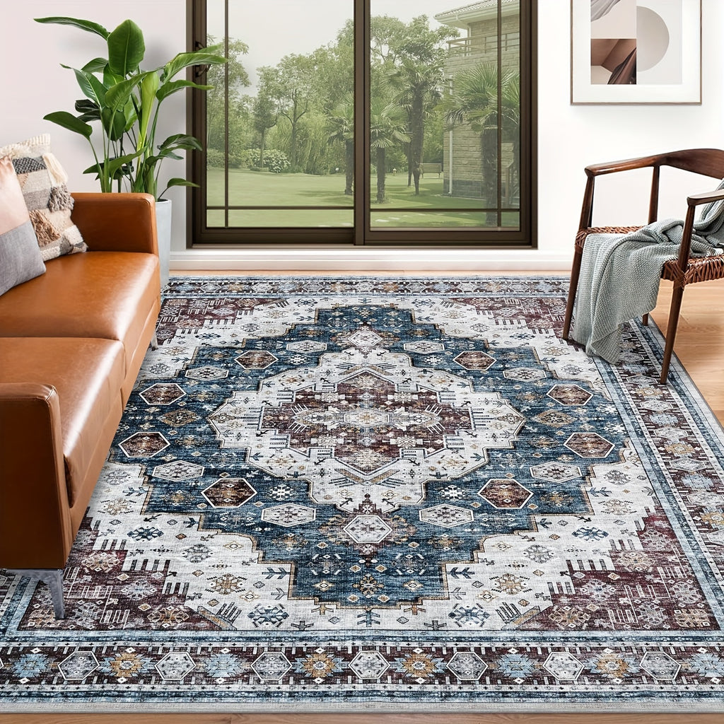 Washable Rug Living Room Rugs: 8x10/9x12 Area Rug Large Boho Medallion Distressed Carpets Indoor Soft Floor Anti Slip Carpet For Under Dining Table Bedroom Farmhouse Home Office - Red/Blue