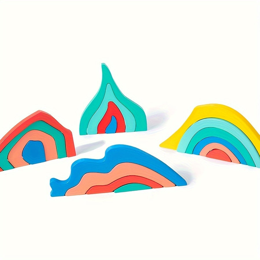 Four Creative Elements for Children: Wooden Boys and Girls, Early Education Rainbow Assembly, Building Blocks, Children's Fun Shapes, Colors, Cognitive Abilities, Puzzle Puzzle, Stacking Music Toys, Festival Gifts