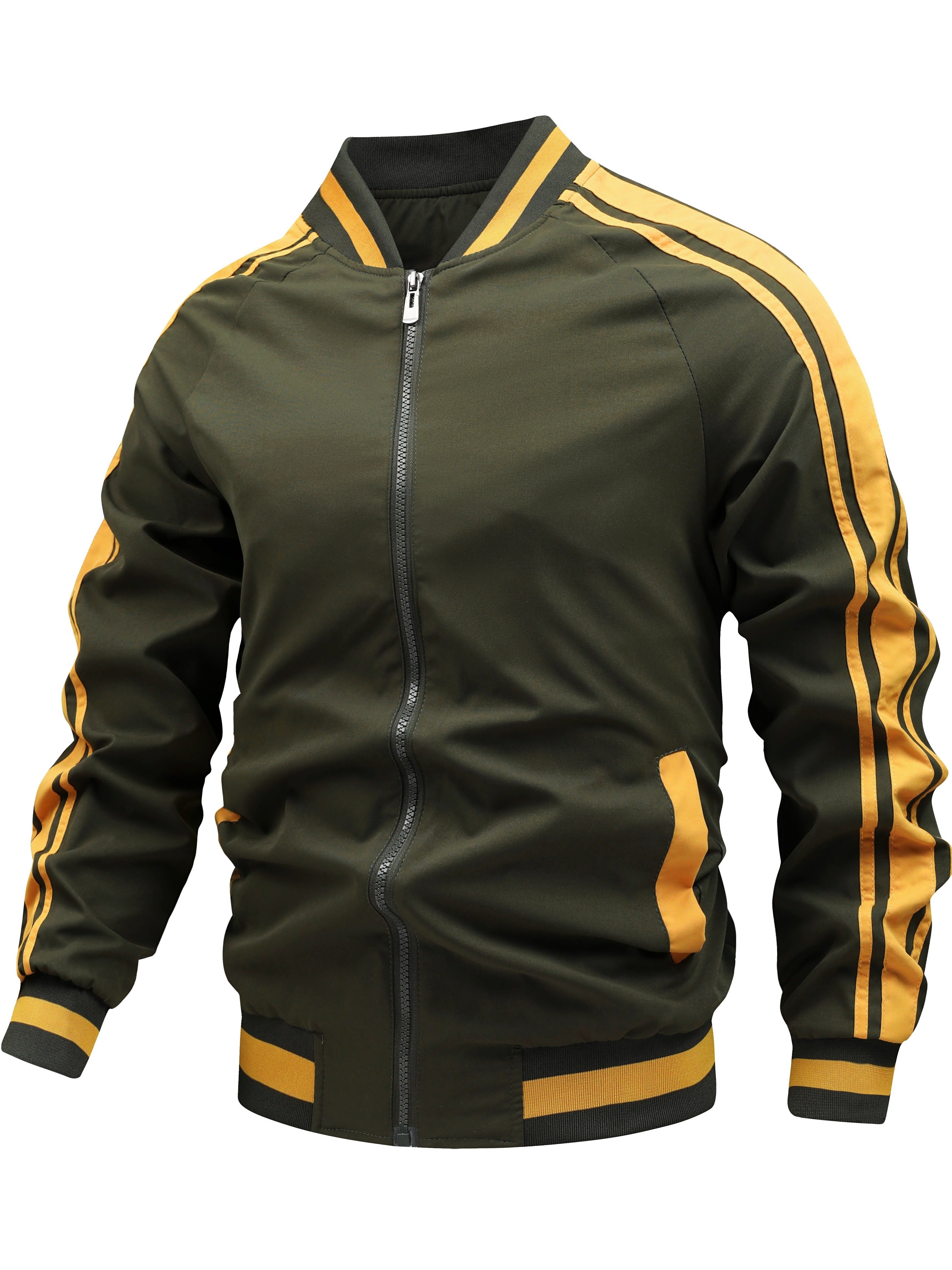 Men's Color Block Graphic Sports Jacket, Casual Striped Zip Up Varsity Jacket For Outdoor Fall Winter