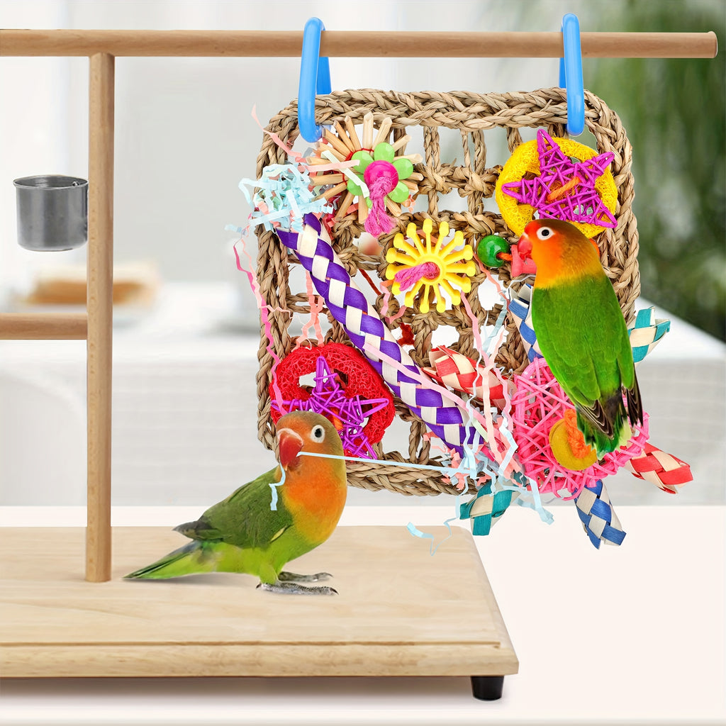 Bird Toy, Seagrass Woven Climbing Hammock Mat with Colorful Chewing Toys, Cage Accessories for Enhanced Activity and Fun