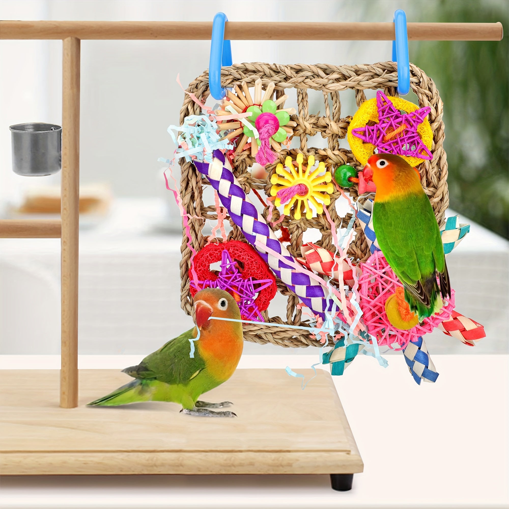Bird Toy, Seagrass Woven Climbing Hammock Mat with Colorful Chewing Toys, Cage Accessories for Enhanced Activity and Fun