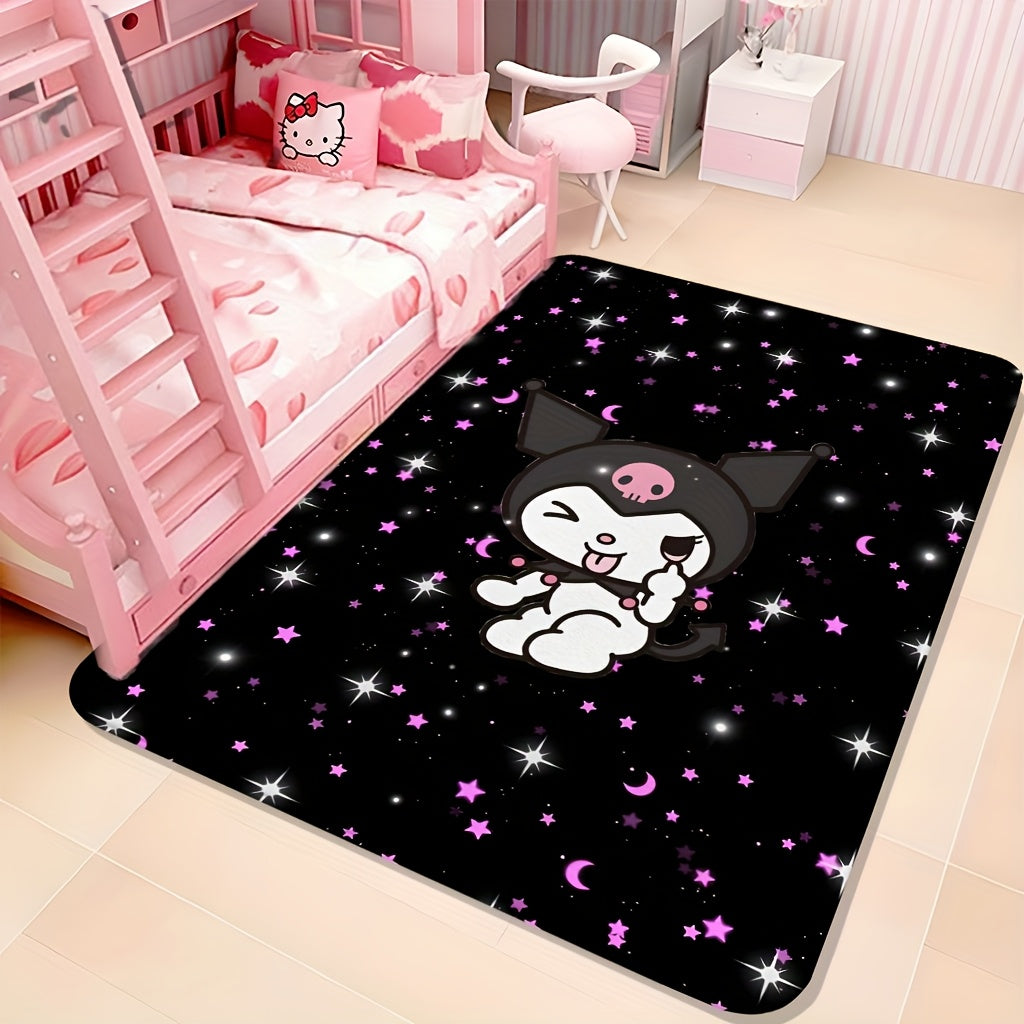 1pc Sanrio Hello Kitty KUROMI Flannel Area Mat - Soft, Washable, Non-Slip Cartoon Mat for Bedroom, Living Room, Indoor Use - Polyester Fiber, Rectangle, Christmas Holiday Decor, Rugs for Bedroom