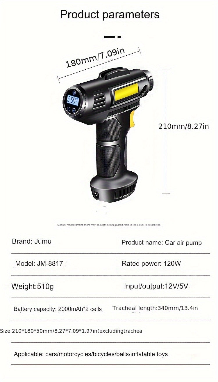 120W multi-function portable automotive air compressor, wired/wireless handheld automotive air pump electric, automotive tire inflator with LED lights