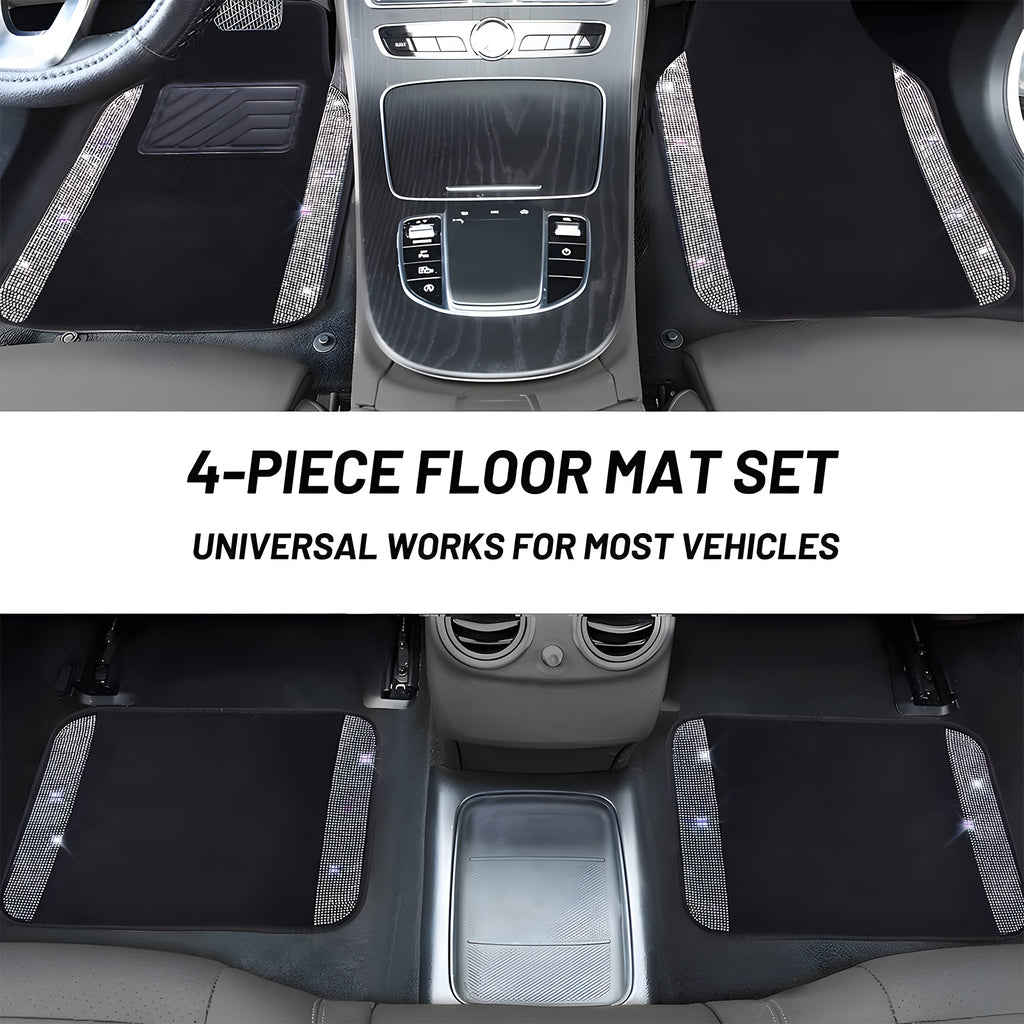 Car Floor Mats Shining Rhinestones Carpet, Bling Crystal Diamond Sparkly Glitter Car Floor Mats with Anti-Slip PVC Heel Pad Automotive Universal for SUV, Sedan, Car, Van, 4pcs for Girl Women