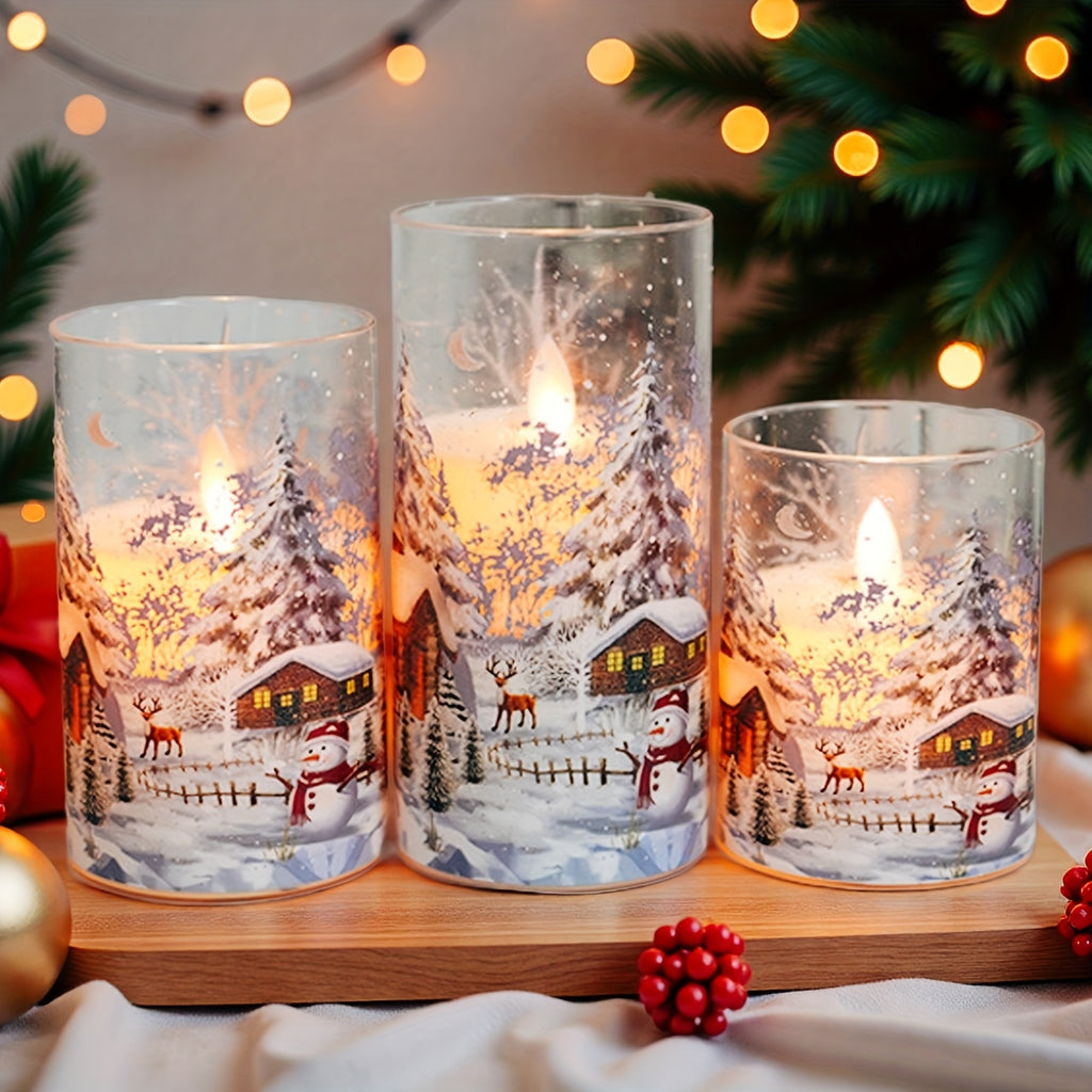 3pcs Flameless Led Pillar Candles With Christmas Snow Scene Design, Flickering Warm Light, Battery Operated Decorative Candles With Snowman Patterns, Perfect For Christmas Decoration, Table Centerpiece, Home Decor, Gift Idea,