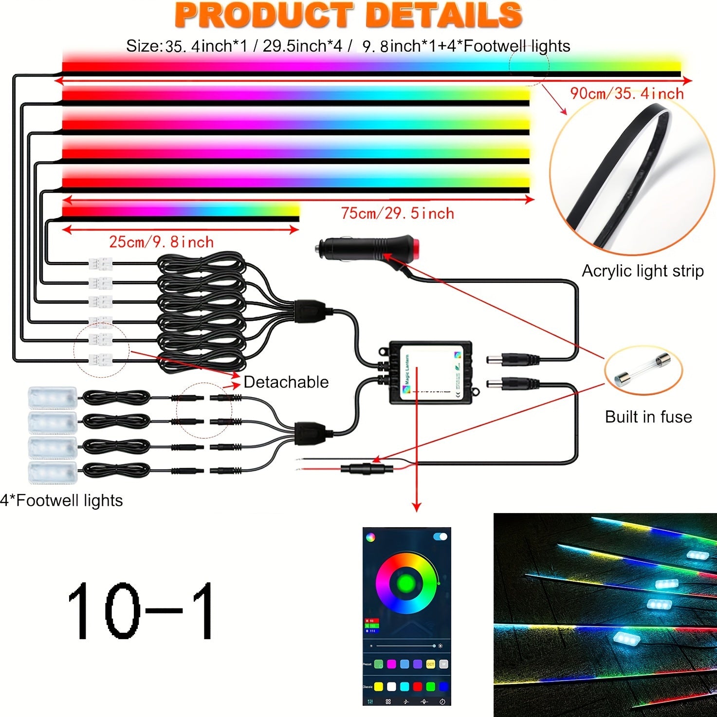 10-in-1 Rainbow Universal Style Colorful RGB Symphony Car Ambient Interior LED