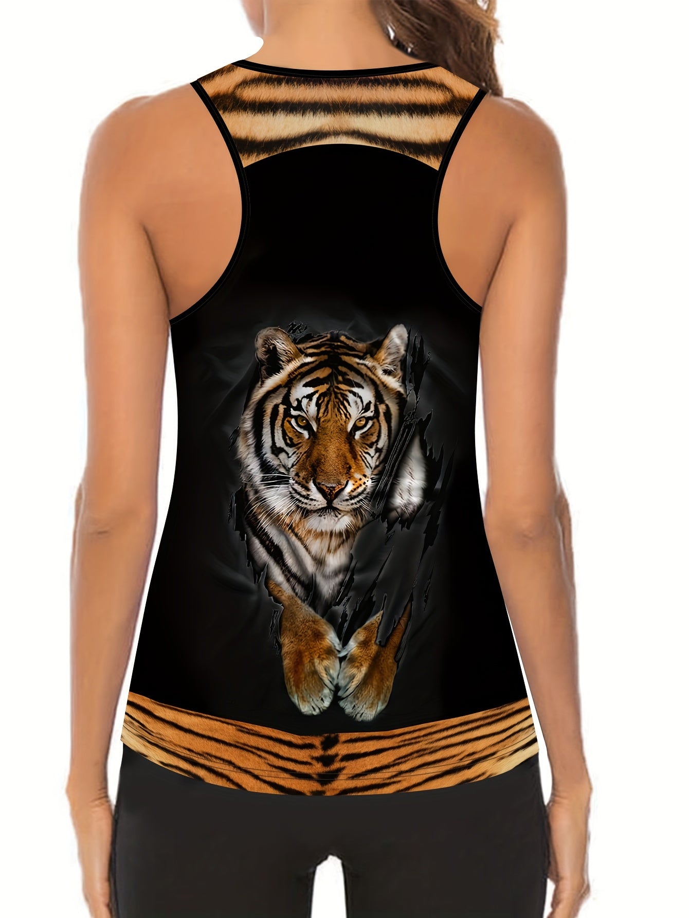 Plus Size Sports Outfits Set, Women's Plus 3D Tiger Print Racer Back Slight Stretch Tank Top & Leggings Yoga Running Outfits Two Piece Set