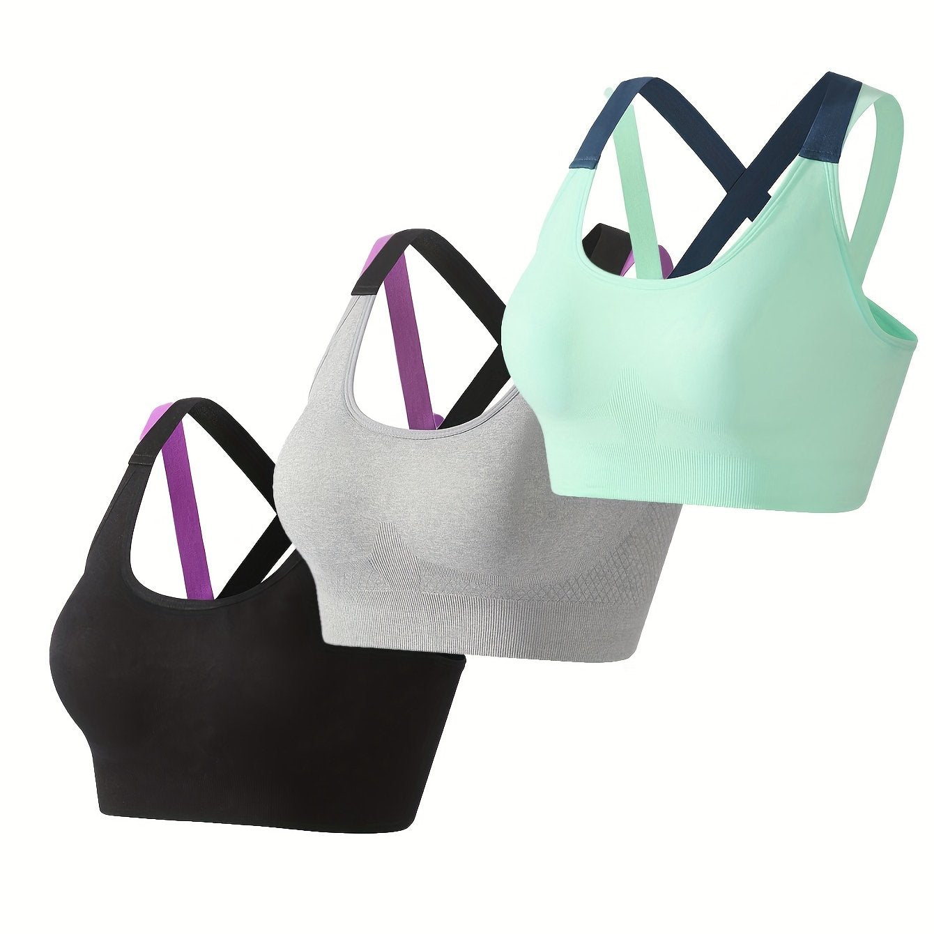 [Criss Cross Back Sports Bra] 3pcs Comfy Criss Cross Back Sports Bras - Breathable Colorblock Running Workout Bra for Women