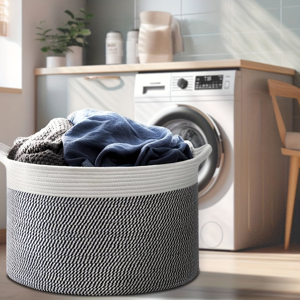 XXL Large Cotton Rope Storage Basket – Foldable Multi-Purpose Organizer for Laundry, Toys, Blankets, and Youngsters Games, Striped Design for Family Gatherings or Home Organization, Laundry Basket