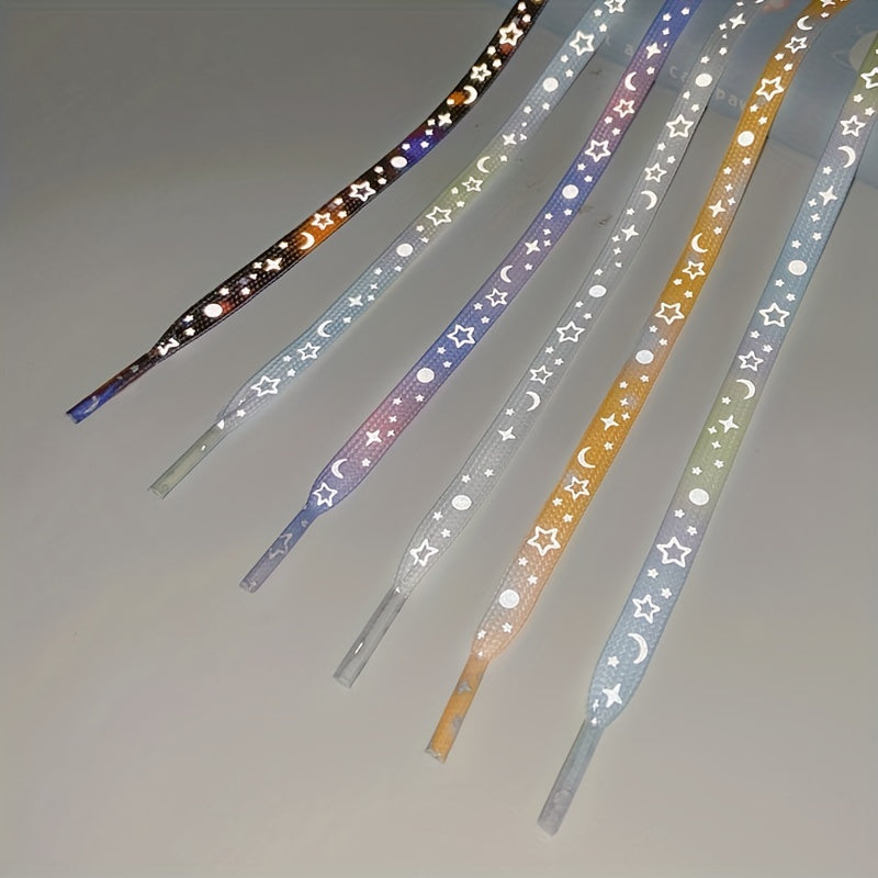 1 Pair Dazzling Holographic Reflective Star Moon Shoelaces - Double-Sided Luminous, AdjustableNighttime Running, Cycling,