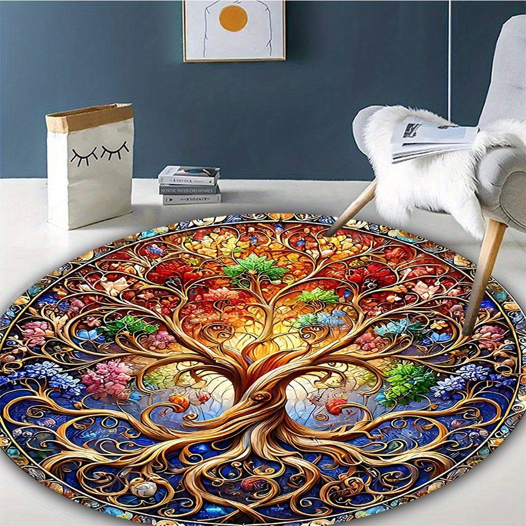 Tree of Life Round Area Mat - Vibrant Stained Glass Design, Non-Slip Rubber Backing, Easy to Clean 100% Polyester Fiber, Indoor/Outdoor Use for Living Room, Bedroom, Terrace, Camping - Large Size Available, Outdoor Rugs for P