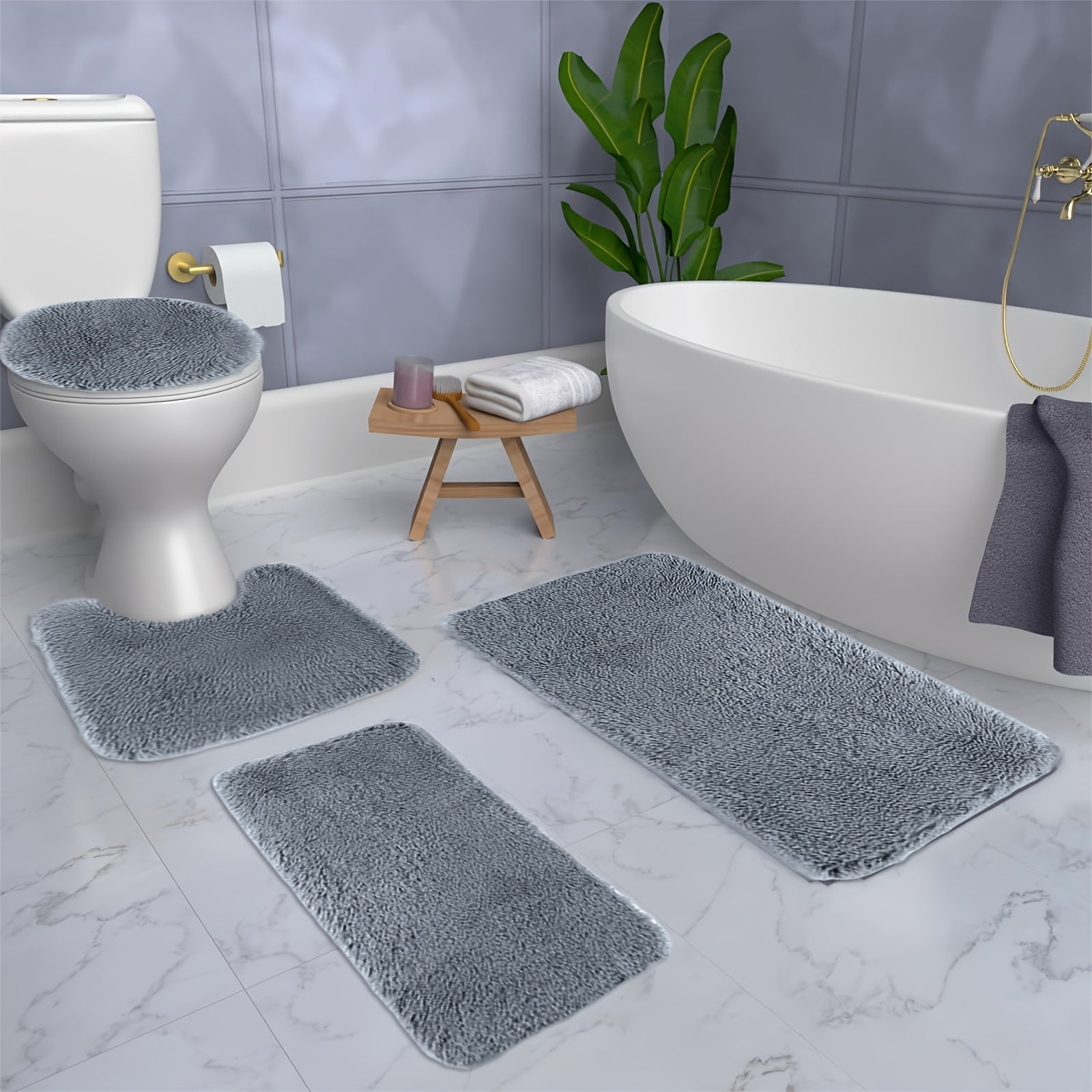 Solid Color Bath Mats 4 Set Bathroom Rugs For 4 Pcs Toilet Mats Universal Soft Comfortable Water Absorption Non-Slip Thick Machine Washable Easier To Dry Dark