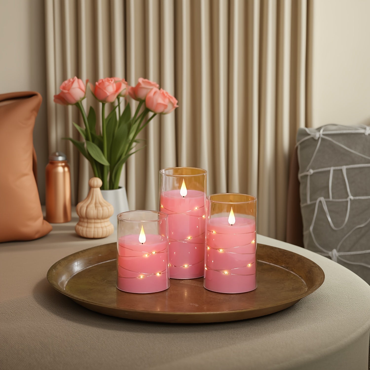 [Romantic Flameless LED Candles] 3pcs Realistic Flameless LED Candles with Remote & String Lights - 2D Flat, Battery Operated Flameless Candle Lights, Pink Table Centerpieces for Wedding, Christmas, Valentine's, Party Decor -