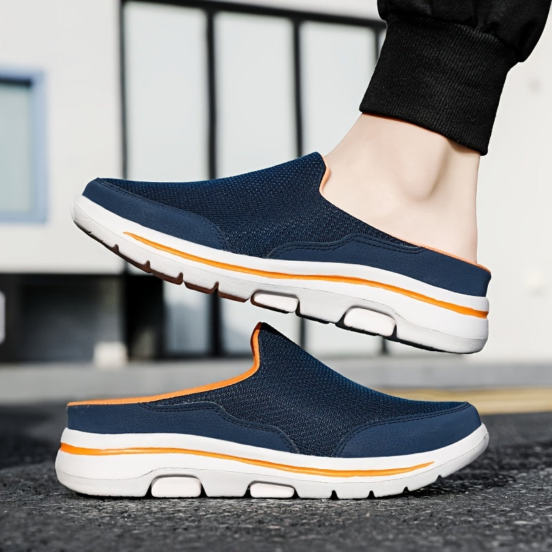 Men's Big & Tall Lightweight Slip-On Casual Sneakers - Breathable Mesh & Fabric Upper, MD Cushioned Sole, Navy Blue/Orange Accents - All-Season Comfort for Sports & Casual Attire