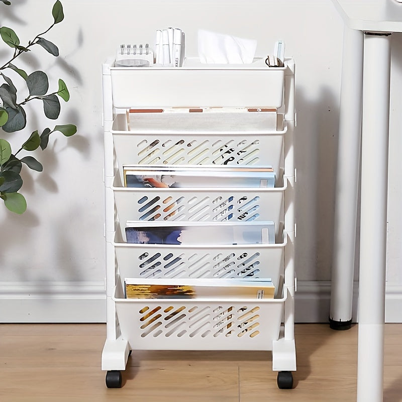 1pc Five-Level Movable Bookshelf, Desk Side Shelf, Floor Cart with Pen Holder for Office Study Supplies Storage and Document Storage