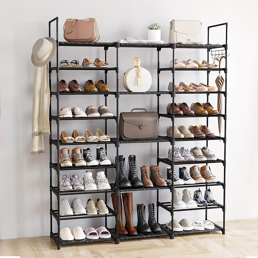 1 pc 9-tier shoe rack organizer (51" L x 10.6" W x 61.2" H), black, 50-55 pairs, stackable metal rack with entry hook, bedroom closet shoe rack
