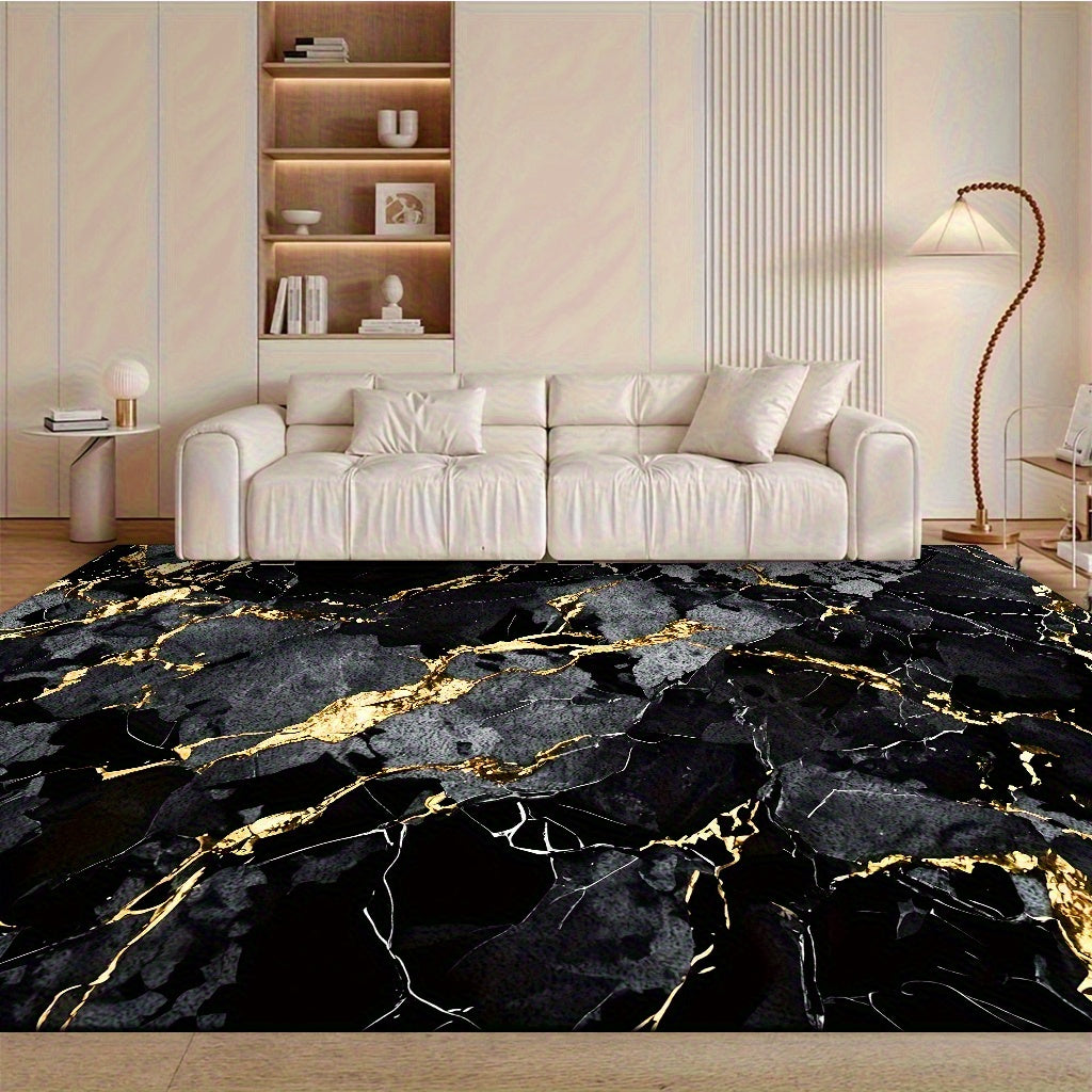 Velvet Area Mat with Luxurious Black and Golden Marble Pattern – Soft, Thick, Non-Slip, Machine Washable for Living Room or Bedroom Decor, Lightweight Polyester Fiber, Rectangular Shape, Perfect for Holidays like Christmas