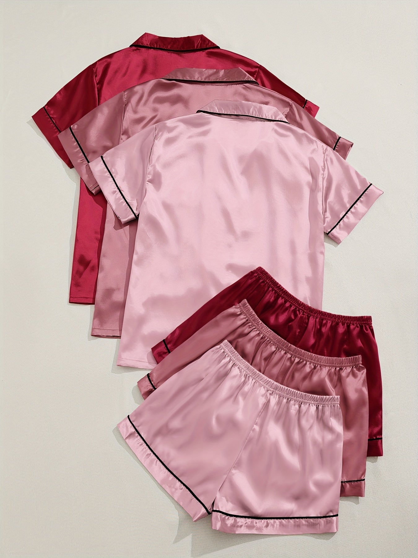 3 Sets Satin Pajama Set, Short Sleeve Lapel Top & Elastic Waistband Shorts, Women's Sleepwear & Loungewear