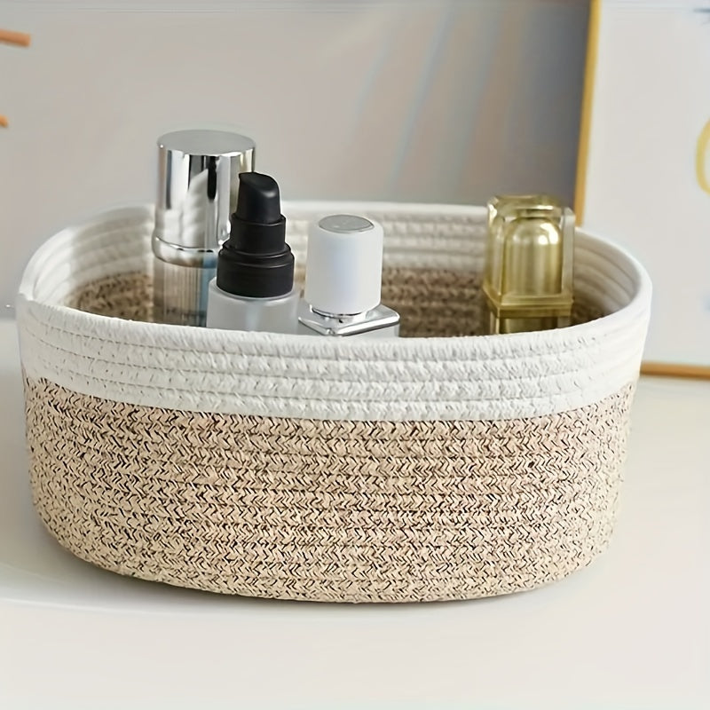 2Pack Cute Small Woven Gift Basket With Handles, 1Pcs 13.8"X9"X6.1"+ 1Pcs 12.6"X8.2"X5.5", Cotton Rope Basket Room Decor, Shelf Storage Basket Chest Box Bin For Cat And Dog Toys, Empty Decorative Gift
