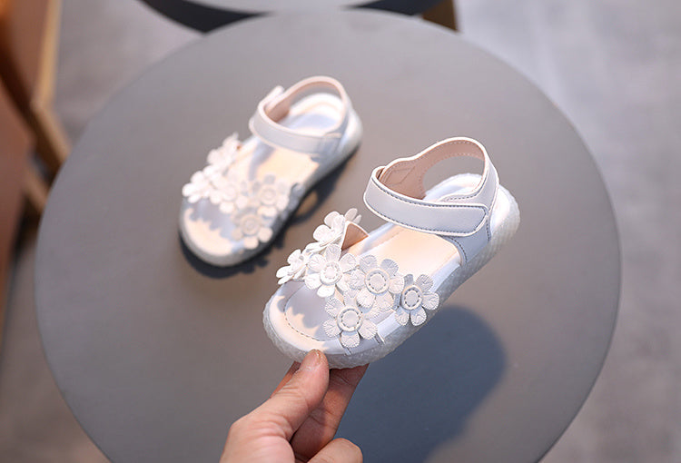 Baby Girls Cute Casual Sandals With Flower Decoration, Non-slip Soft Sole Slip-on Hook And Loop Fastener Shoes For Summer