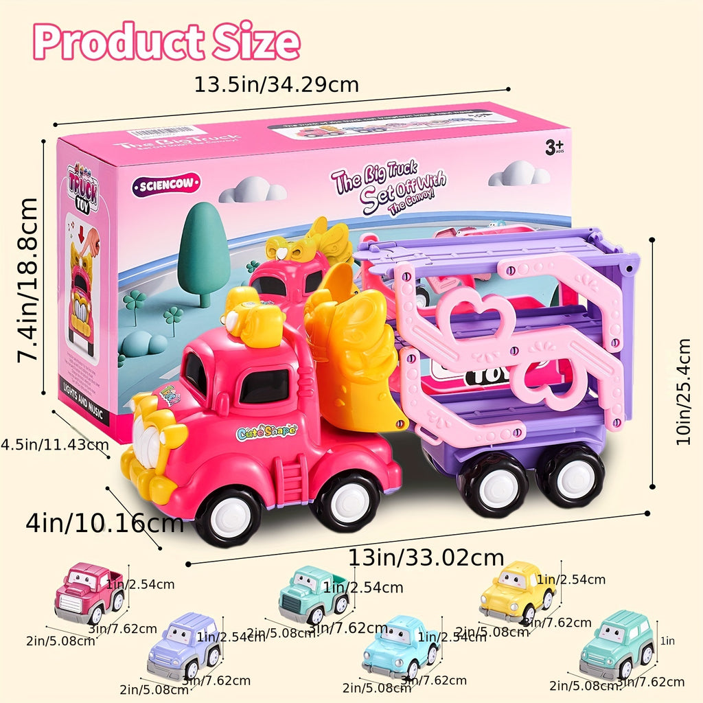 Toddler Car Toys 7-in-1 Pink Princess Foldable Transport Carrier Trucks For Baby | Lights & Music | 3 Layer Transformable Carriage Set | (Bowknot)