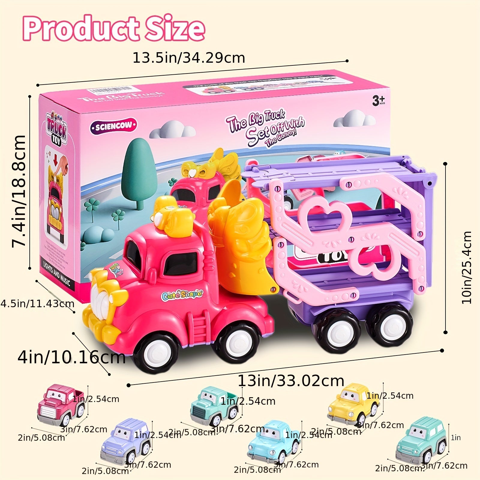 Toddler Car Toys 7-in-1 Pink Princess Foldable Transport Carrier Trucks For Baby | Lights & Music | 3 Layer Transformable Carriage Set | (Bowknot)