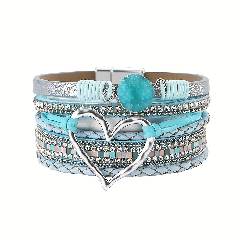 [Boho Chic Heart Bracelet] Boho Chic Multi-Layer PU Leather Magnetic Clasp Bracelet - Black Braided Design & Crystal Accents, Golden-Tone Metal Heart Pendant, Elegant Love Heart