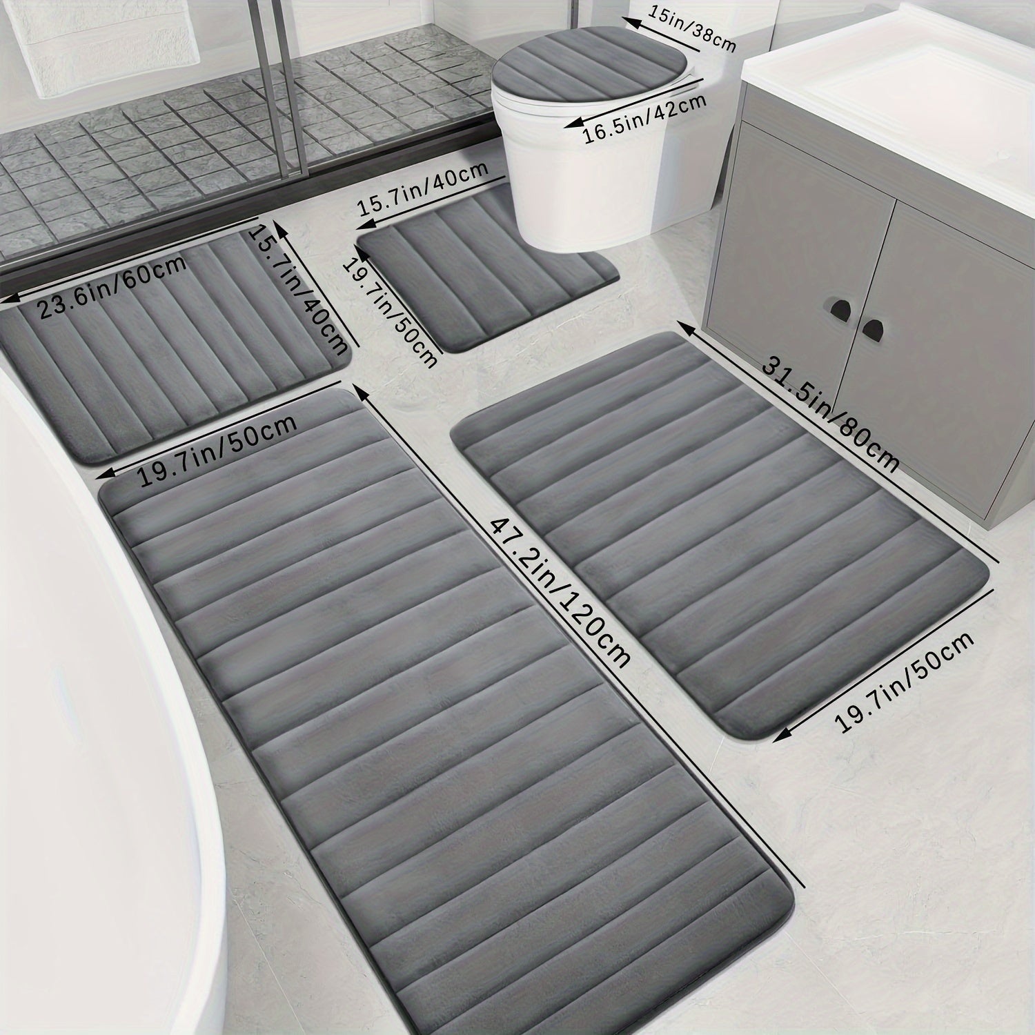 5pcs Ultra Absorbent Luxury Memory Foam Bath Mat Set - Plush, Non-Slip, Soft Polyester Blend Rugs - Machine Washable, Quick Dry, Ideal for Sink, Tub, Shower, Toilet, Bathroom Mat in Black, Dark Gray, Light Gray, Blue, Brown