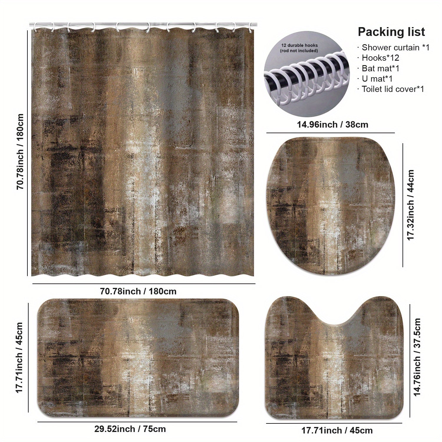 4 Pack Brown and Grey Abstract Art Bathroom Accessory Set, Complete with Matching Rugs, Mats, Curtains for Bathroom