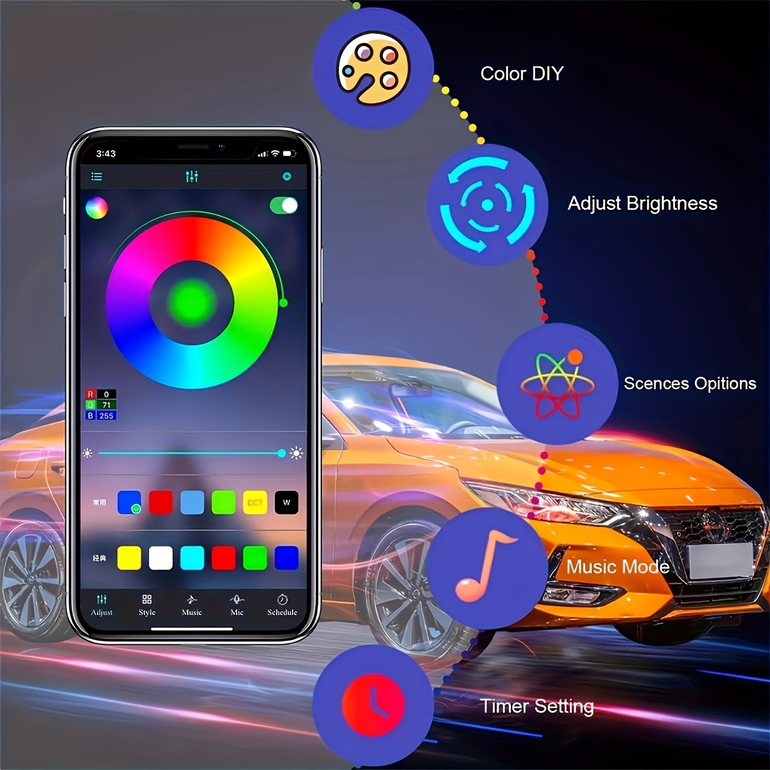 [RGB Automotive LED Strip] 4pcs Dynamic RGB Automotive LED Underglow Kit - Wireless Remote Control, Neon Music Mode, Automotive Underlight Strip