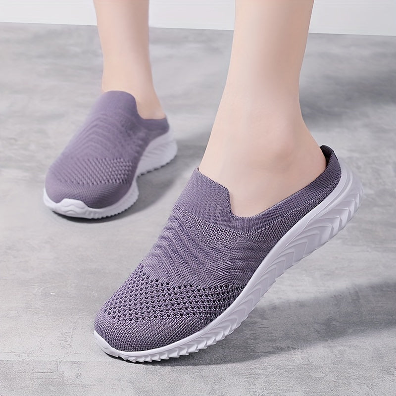 Women's Solid Color Knit Sneakers, Breathable Closed Toe Slip On Slippers, Casual Walking Mules