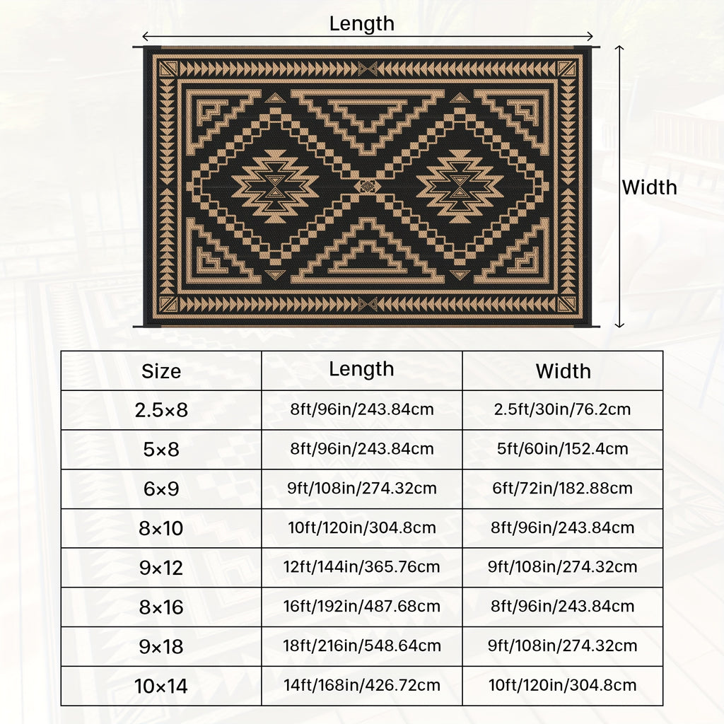Reversible High Quality Outdoor Mat - Heavy-Duty Polypropylene Geometric Grid Pattern Mat, Lightweight Foldable with Storage Bag & Stakes for Patio, Deck, RV, Camping - Black/Brown, UV-Resistant &, Outdoor Rugs High Quality,