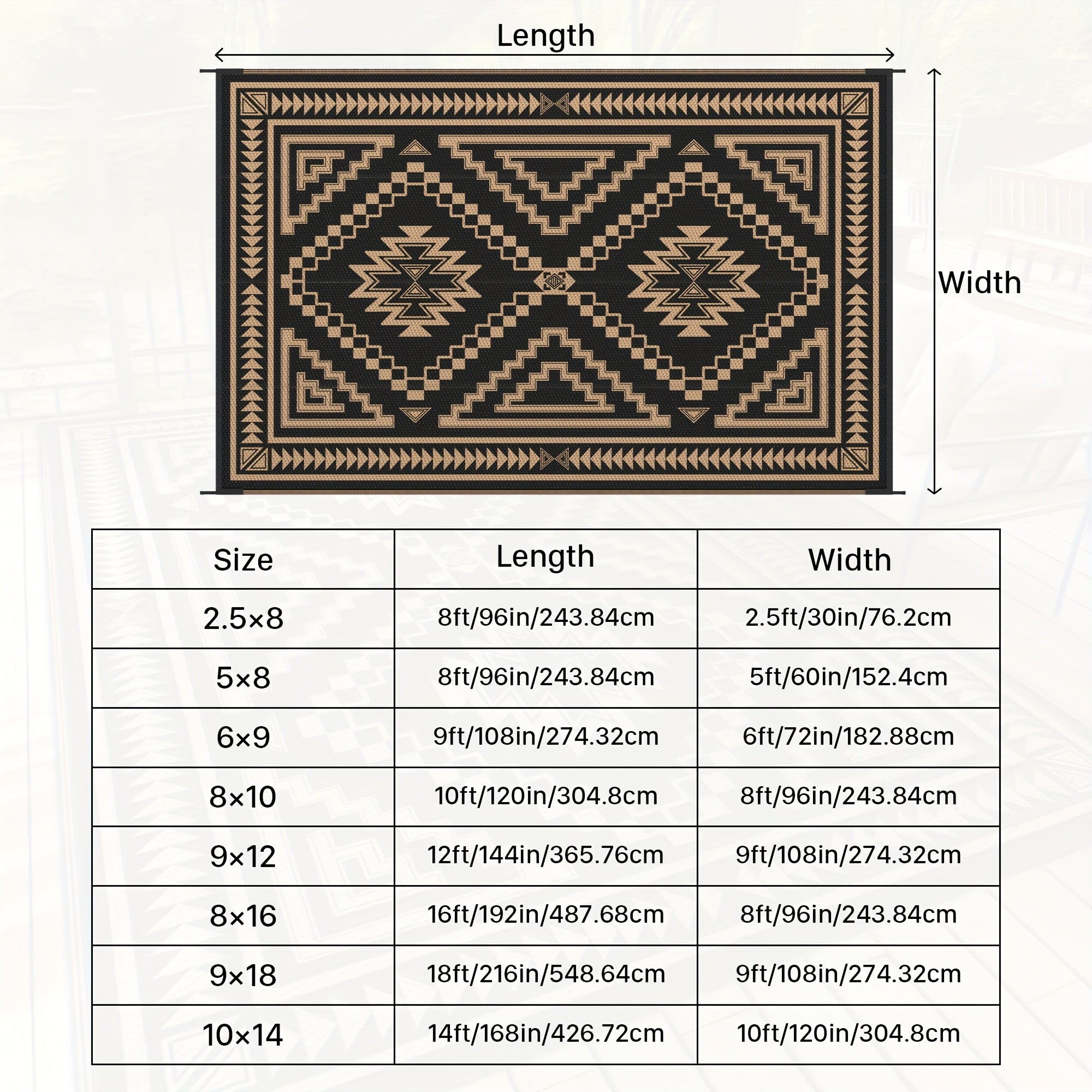 Reversible High Quality Outdoor Mat - Heavy-Duty Polypropylene Geometric Grid Pattern Mat, Lightweight Foldable with Storage Bag & Stakes for Patio, Deck, RV, Camping - Black/Brown, UV-Resistant &, Outdoor Rugs High Quality,