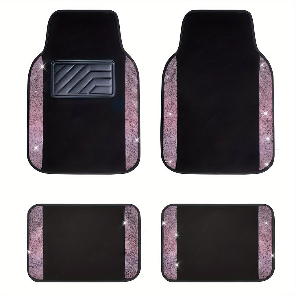Car Floor Mats Shining Rhinestones Carpet, Bling Crystal Diamond Sparkly Glitter Car Floor Mats with Anti-Slip PVC Heel Pad Automotive Universal for SUV, Sedan, Car, Van, 4pcs for Girl Women