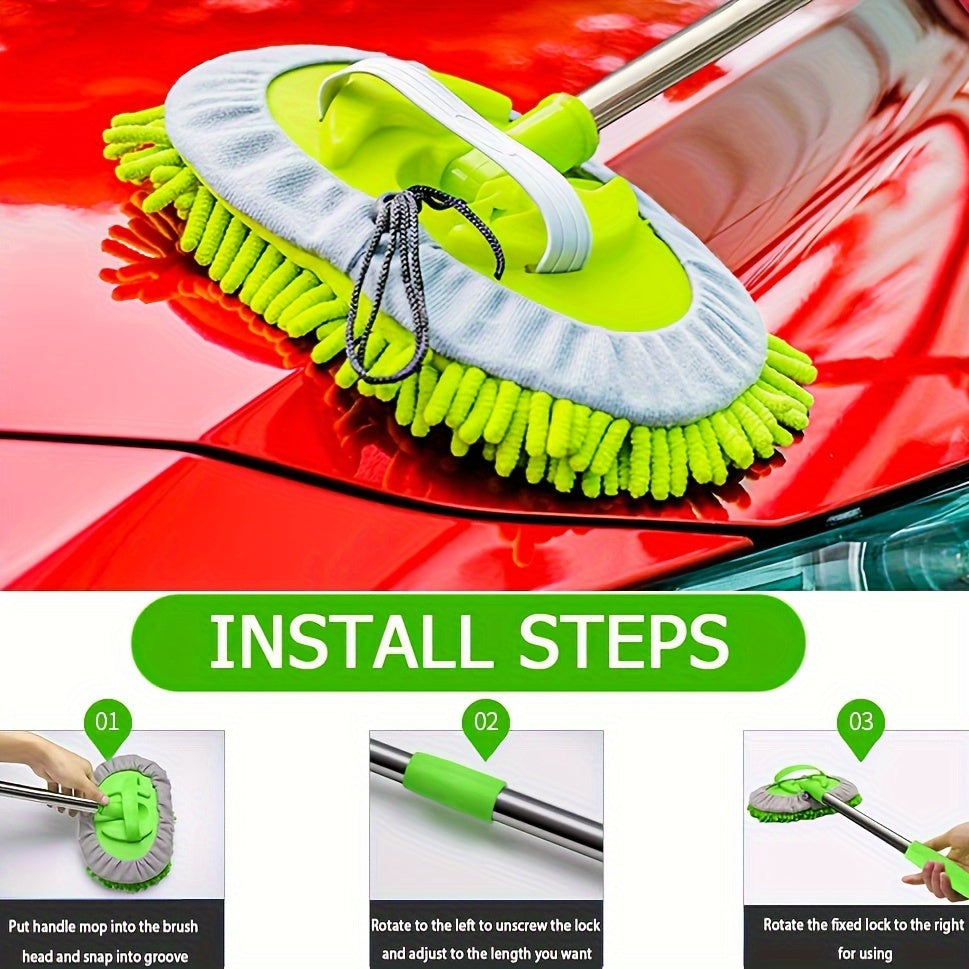 47.5" Long Handle Car Wash Brush Mop Kit for Washing, Detailing, and Cleaning Automotive, Truck, SUV, RV, Trailer with Soft Sponge Duster Mitt