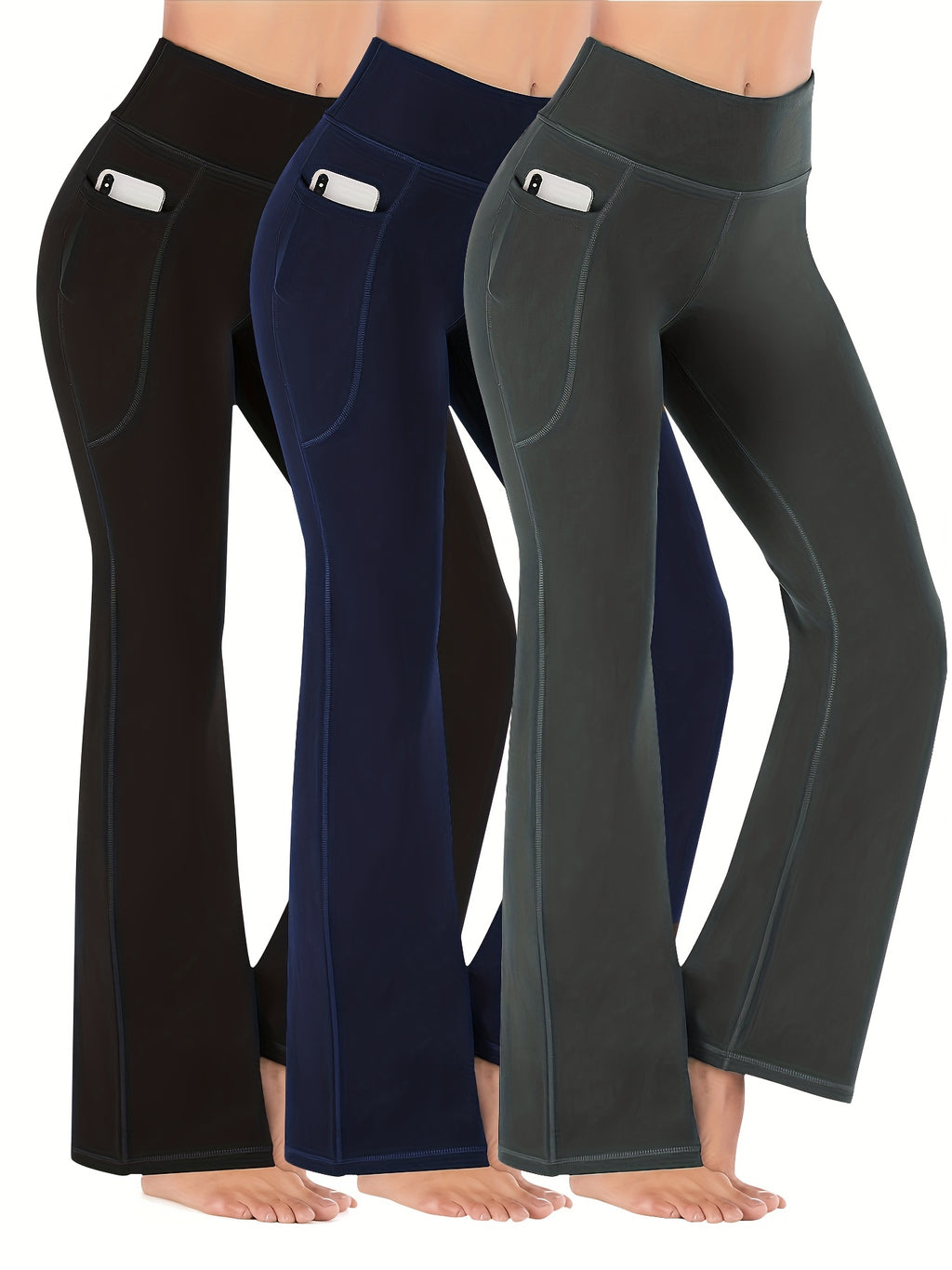 [Yoga Leggings] High Waist Solid Color Running Yoga Flare Leggings | Women's Activewear Wide Leg Bootcut Pants, Side Pocket Sports Workout