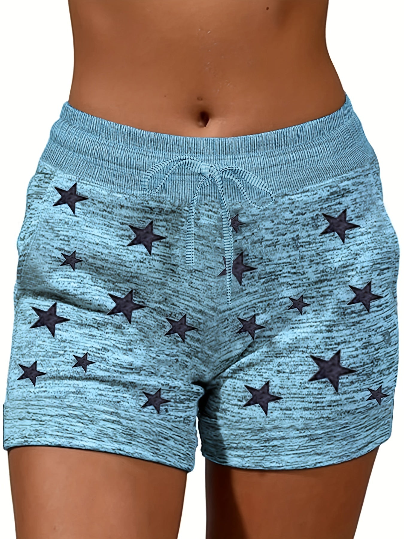 Plus Size Casual Leggings, Women's Plus Star Print Elastic Drawstring Medium Stretch Sports Shorts