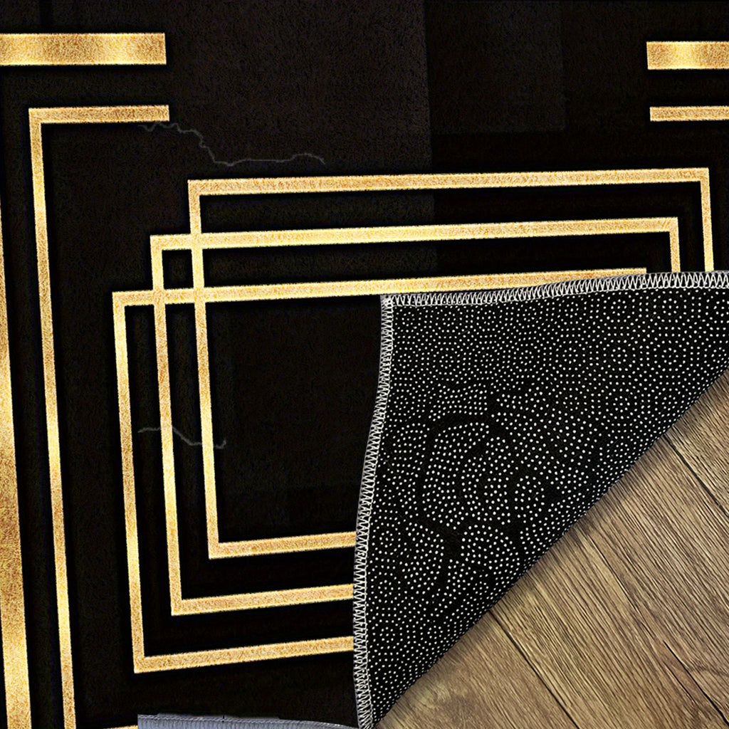 Luxurious Black Velvet Area Mat with Golden Geometric Design - Machine Washable, Non-Slip, Thick & Durable for Living Room, Bedroom, Entryway - Elegant Home Decor, Rugs for Living Room