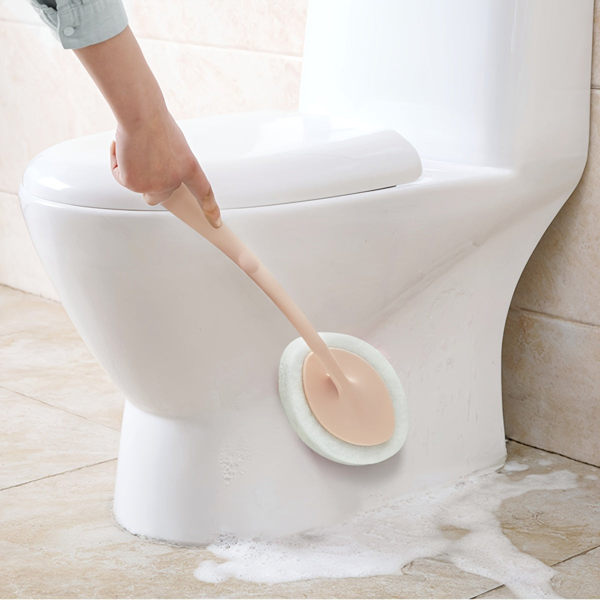 1pc Bathroom Long Handle Sponge Brush, Wall Cleaning Brush, Bathtub Sponge Brush, Floor Tile Brush, Sponge Scrubbing Pad, Dishwashing Sink Brush, Suitable For Cleaning Bathroom Toilet Sink