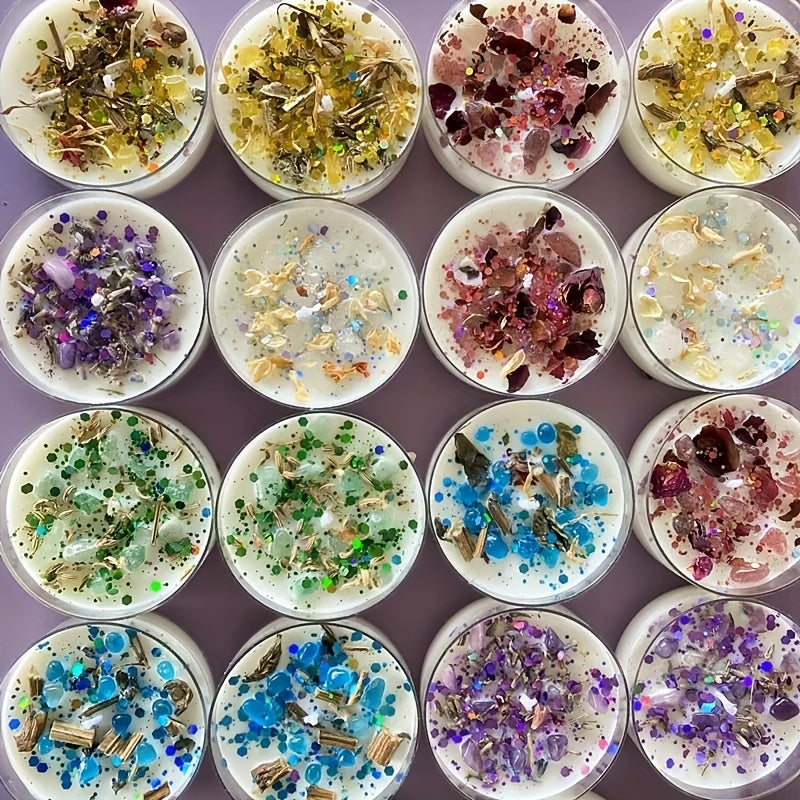 Six Gift Boxes Containing Scented Candles Made with Crystal And Dried Flowers, Adorned with Colorful Sequins. Each Box Features Six Harmoniously Paired Fragrances That Can Elevate The Romantic Ambiance And Serve As Ideal Holi