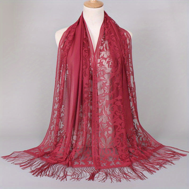 Ladies Women's Floral Lace Scarf Shawl With Tassels, Soft Mesh Fringe Wraps Bridal Shawl For Wedding Evening Party Dresses