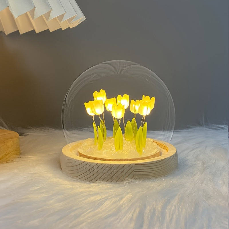 1pc DIY Tulip Night Lamp, Handmade Flower Table Lamp, With Glass Dome Cute Bedroom Sleep Lamp, For Home Room Coffee Table Courtyard Garden Decoration
