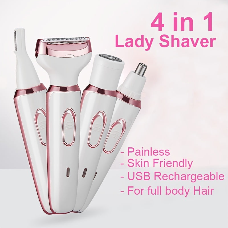 Electric Lady Shaver, Women Razors for Shaving Cordless 4-in-1 Shaver for Women Face, Legs and Underarm, Portable Bikini Trimmer Wet & Dry Hair Removal, Cordless - Micro USB Rechargeable