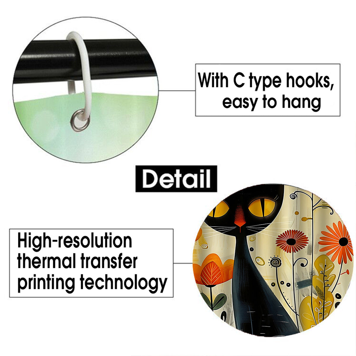 4pcs Black Cat Arts Theme Bathroom Set, Water-Resistant Polyester Shower Curtain with Non-Slip Rugs and Hooks, Woven Knit Fabric, All-Season Decor, Easy Wipe Clean